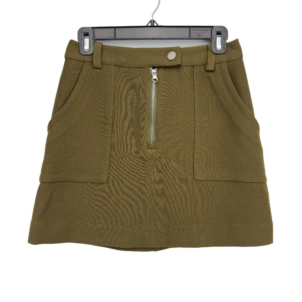 FRANK & OAK Zip Front Patch Pockets Stretch Utility Olive Green Mini Skirt S